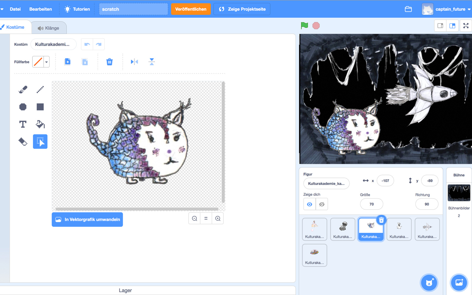 Zu sehen ist der Screenshot des Programmes SCRATCH auf dem ein kleines Kind einen Katzenfisch gemalt hat.