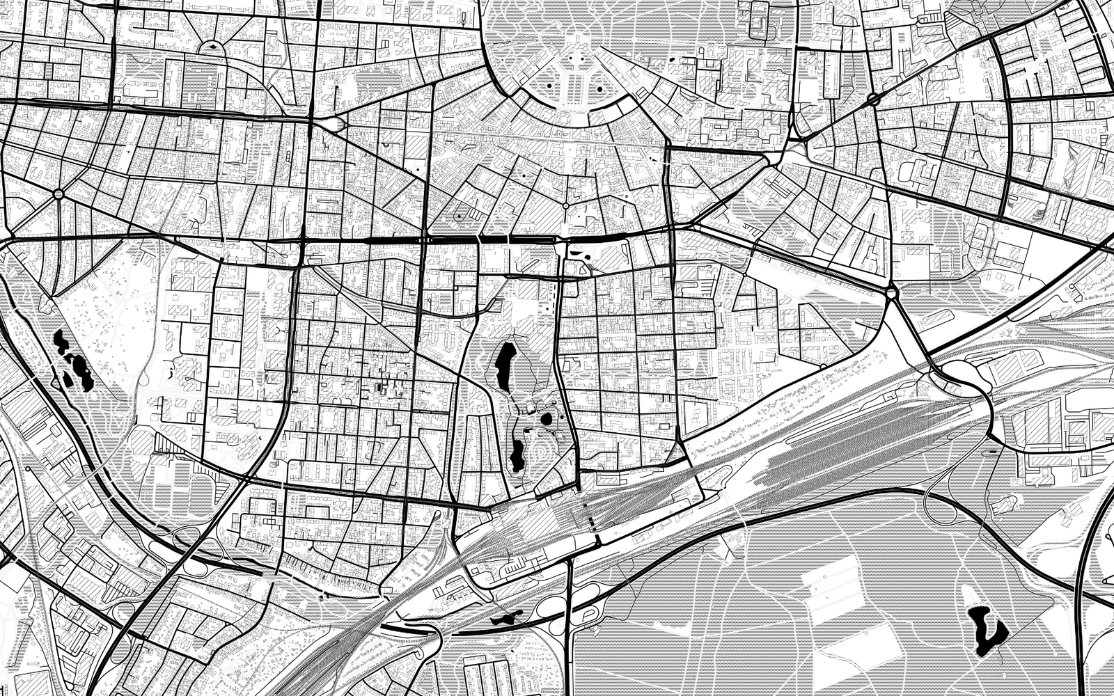 Das Bild zeigt eine schwarz-weiße Stadtkarte von Karlsruhe