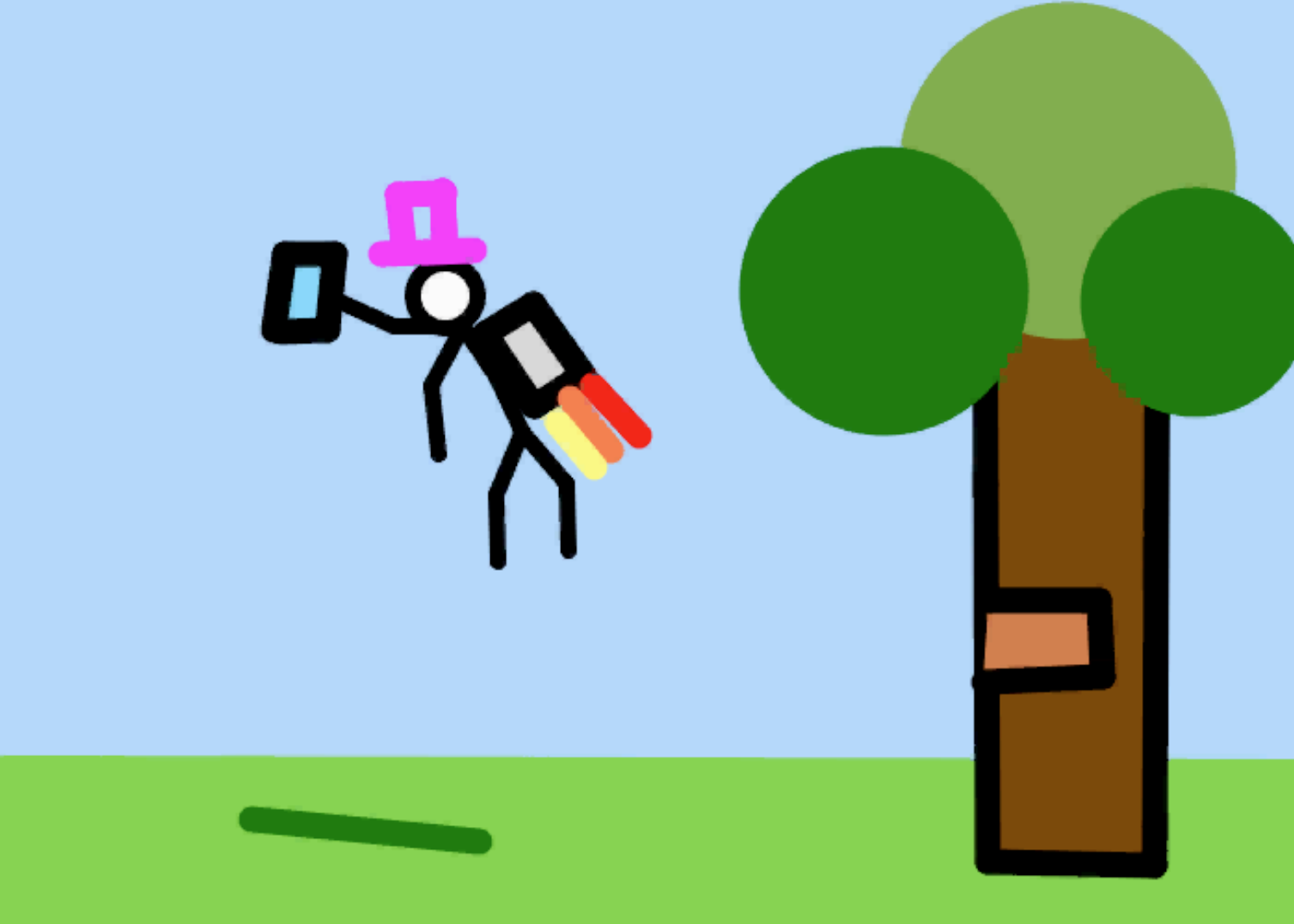 Strichmännchen mit einem Zylinder und Jetpack, das in die Lüfte abhebt.