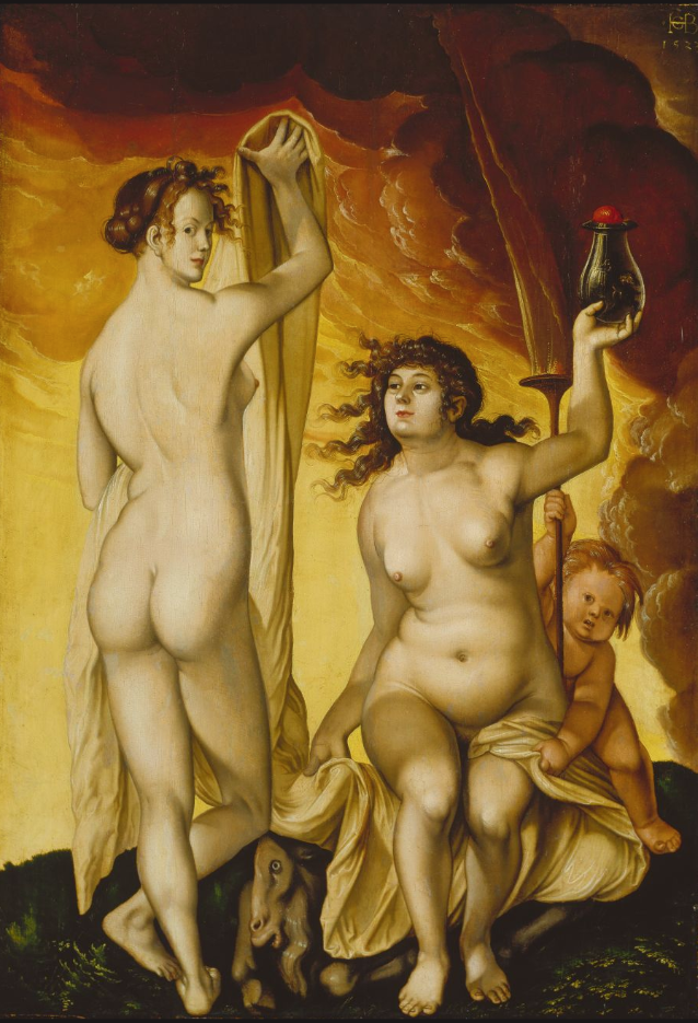Zu sehen sind »Die Wetterhexen« von Hans Baldung Grien. Links sieht man den Rücken und das Halbprofil einer nackten Frau, rechts sitzt eine nackte Frau und hält ein Gefäß in der Hand.