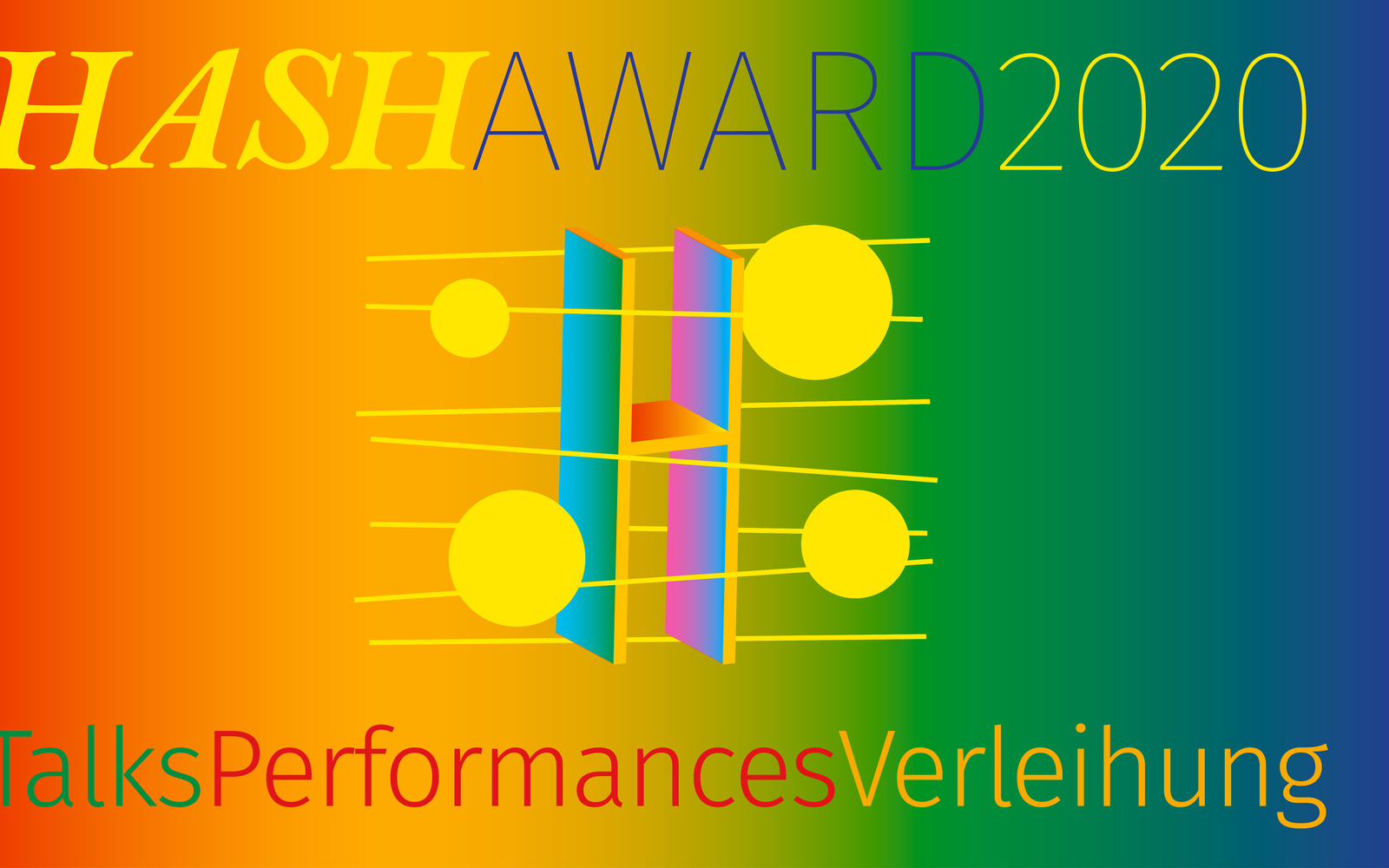 Plakat des HASH Award 2020 am ZKM Karlsruhe. Eine gelb-grüne Grafik aus geometrischen Elementen.