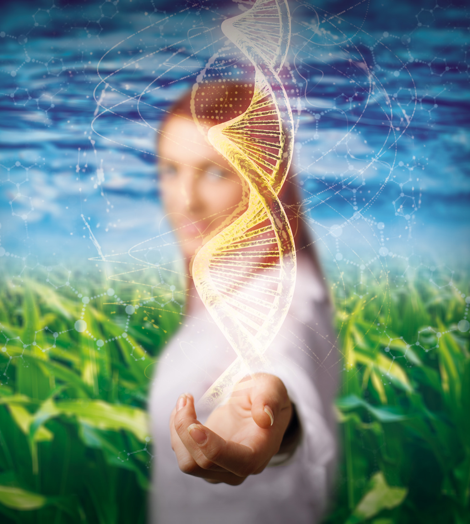 One can see a woman putting her hand towards the viewer. From her hand a DNA strand spins across the center of the picture. 