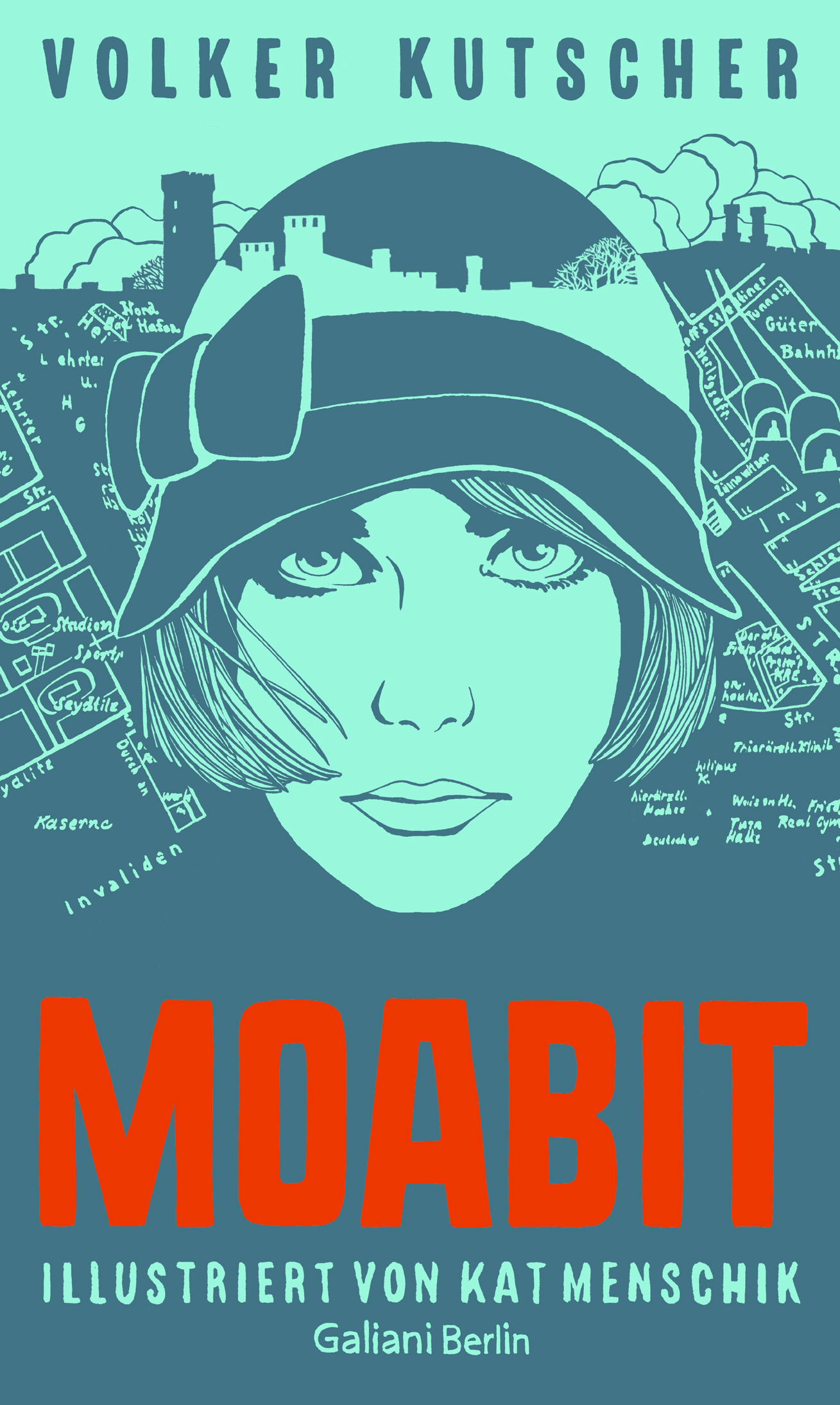 Illustrated portrait of a woman with a hat and the title Moabit