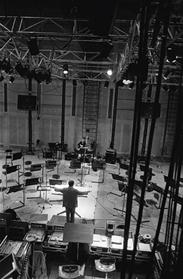 Black and white photo of Pierre Boulez in empty IRCAM Paris
