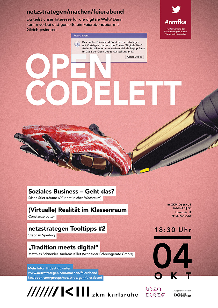 Das Plakat mit dem Titel »Open Codelett« zeigt einen Roboterarm, der ein Codelett in der Hand hält. 