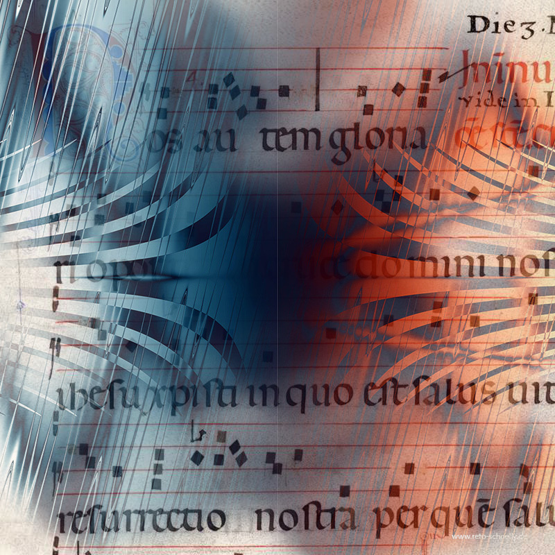 Quadratnotation eines Gregorianischen Chorals, mit Text, nachträglich rot und blau verfärbt