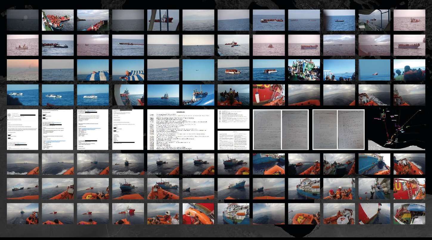 Digitale Bildercollage, abgebildet sind Screenshots von Texten und viele Fotos eines Schiffs auf dem Meer.