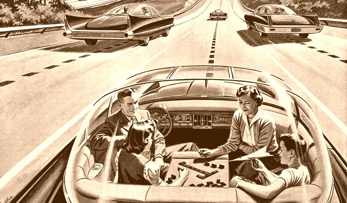 Vintage Zeichnung einer Familie in einem selbstfahrenden Auto.