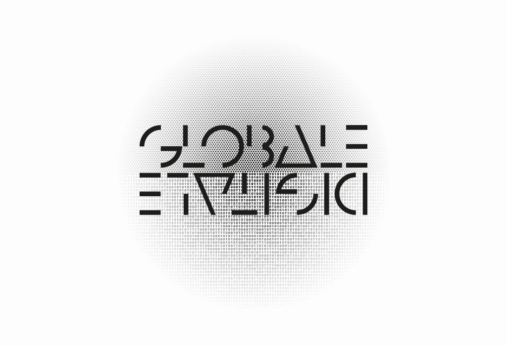 Schwarze Pixel, die sich nach innen verdichten. In der Mitte steht »GLOBALE» geschrieben