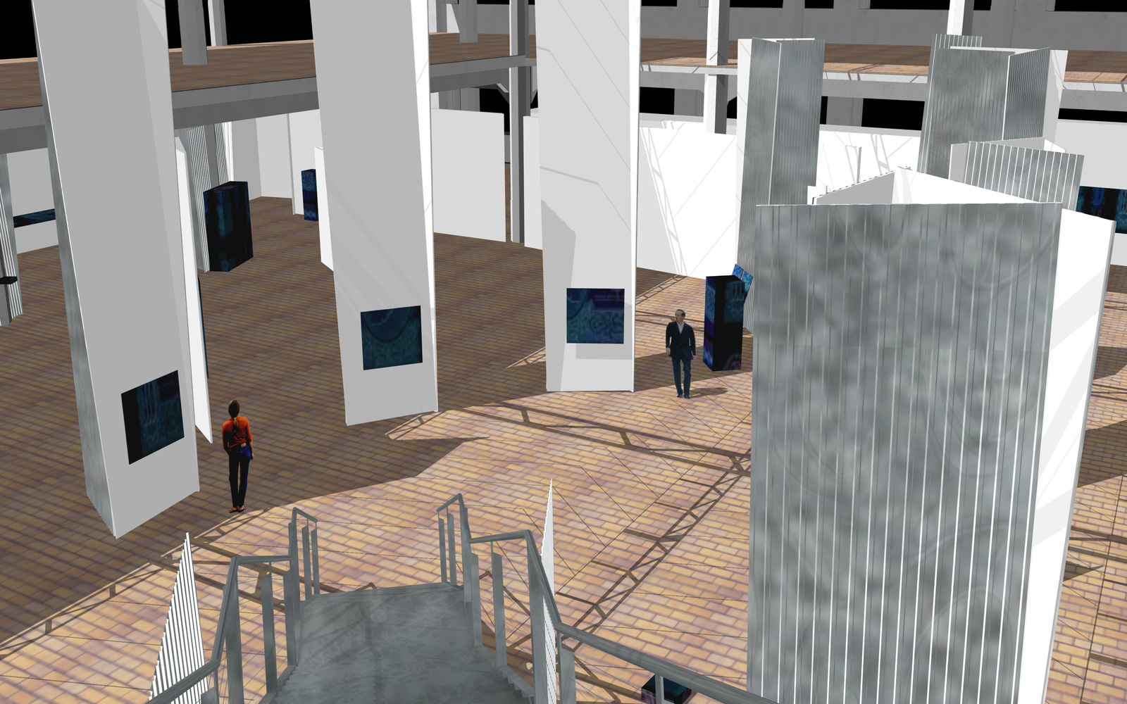 Virtuelle Computergrafik eines großen zweistöckigen Ausstellungsraums voller weißer Säulen