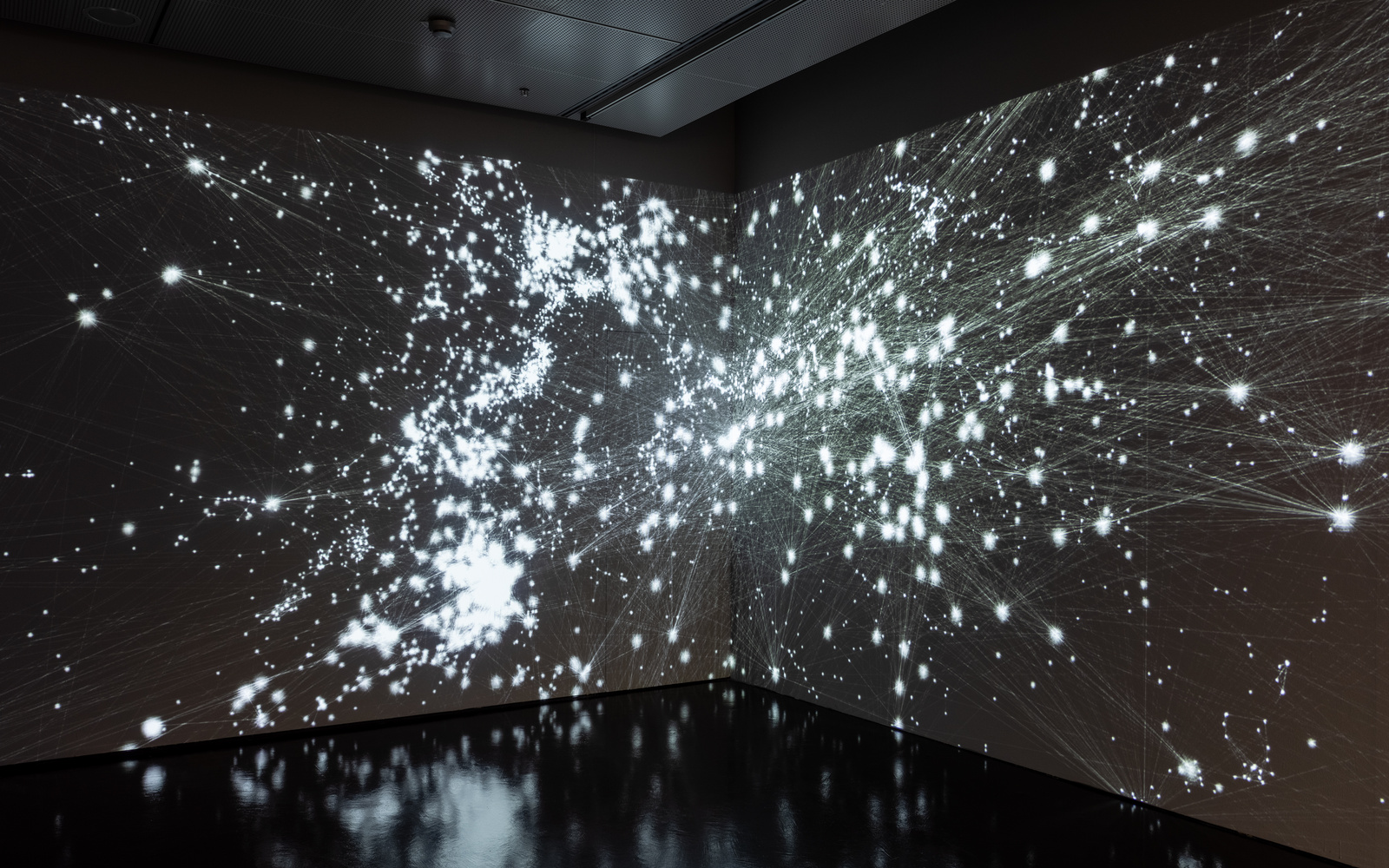 Das Netzwerk des Kosmischen Netzes, d.h. das Universum als unsichtbares Netzwerk von Galaxien, ist an die Wand projiziert.