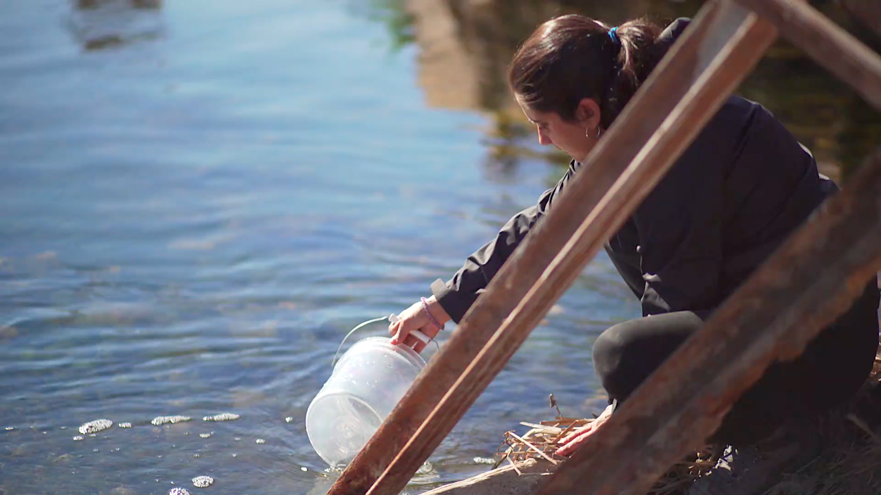 Einzelbild eines der beiden Videos des Werkes Hidroscopia Loa. Man sieht wie die Künstlerin Claudia González Godoy eine Wasserprobe aus dem Fluss Loa entnimmt.
