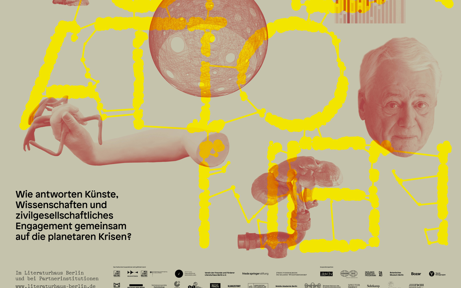 One poster shows an elephant from the front, a coral, an ant, a man's head, a tube from which a mushroom or a cloud is drawn. It is written in between: "Kooperationen". Top left: "Festival der Kooperationen"