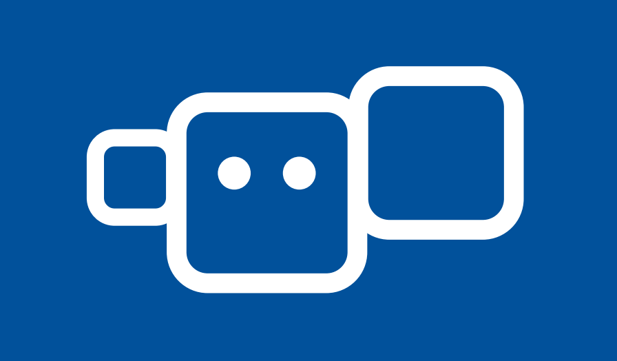 Auf einem blauen Hintergrund sind drei aneinandergereihte, abgerundete Quadrate zu sehen. Im mittleren Quadrat sind zwei weiße Punkte, die als Augen fungieren.