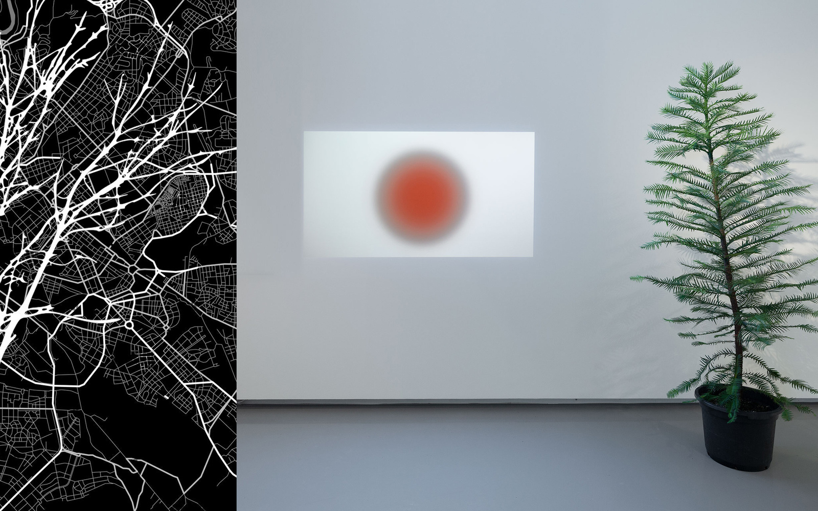 Auf der einen Seite ist ein Bäumchen zu sehen, welches im Raum steht, auf der anderen Seite sieht man den Baum als abstraktes Kunstwerk, indem die Zweige als Verästelungen die Linien des Kunstwerkes zeichnen.