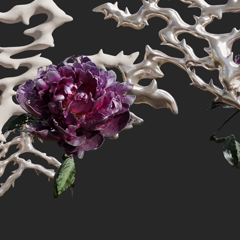 A flower in dark purple in front of a bone-like white construct. The background is black.