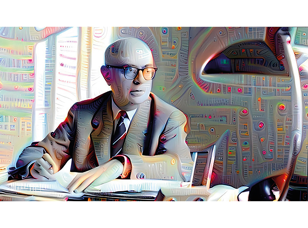 Ein schwarz-weißes Porträt von Theodor Adorno am Schreibtisch, verfremdet durch ein KI-Programm.