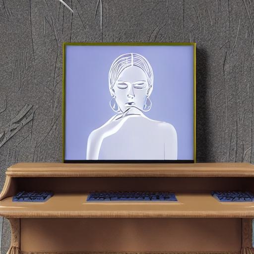Desk with screen and portrait of a woman