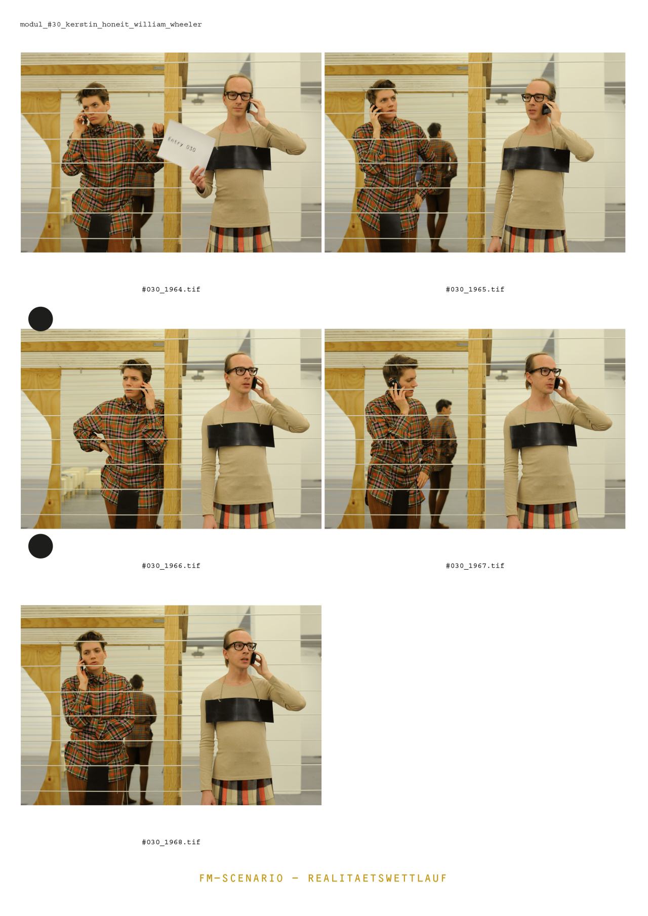 Das Cover der Publikation »Eran Schaerf. FM-Scenario – Realitätswettlauf« zeigt eine Reihe von Fotos, die während einer Performance entstanden. Ein Mann und eine Person ohne eindeutige Geschlechtsidentität telefonieren mit ihrem Handy.