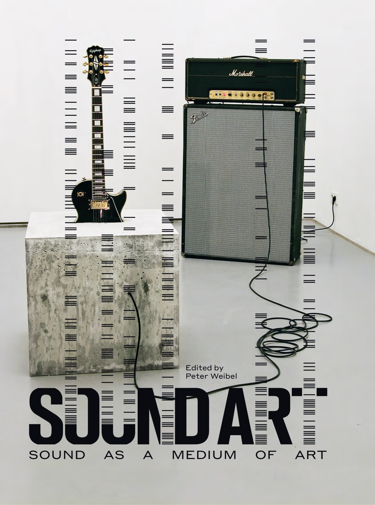 Das Cover der Publikation "Sound Art. Sound as a Medium of Art". Zu sehen ist das Kunstwerk von Douglas Henderson, "stop." von 2007 - eine E-Gitarre halb einbetoniert in einem betonwürfel; verbunden mit einem Marshal Verstärker und einer Fender Box.