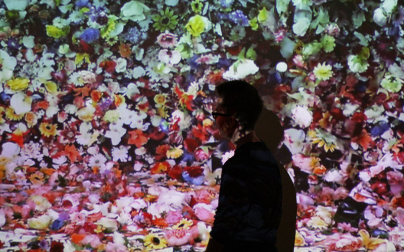 Eine Frau steht vor einer Leinwand, auf der unzählig viele bunte Blumen zu sehen sind.