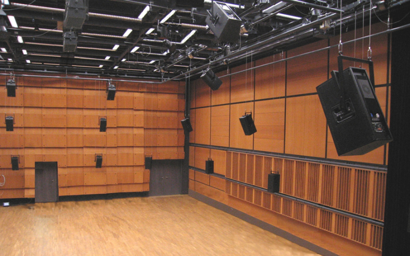 A big room with lots of microphones