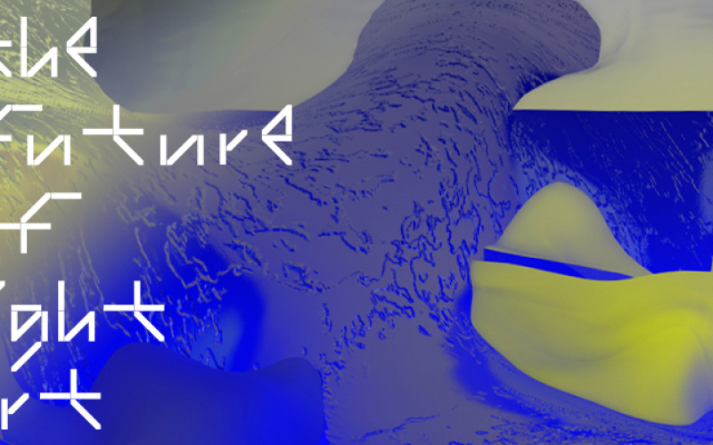 Weißer Schriftzug »The Future of Light Art« auf blau-gelben Strukturen 