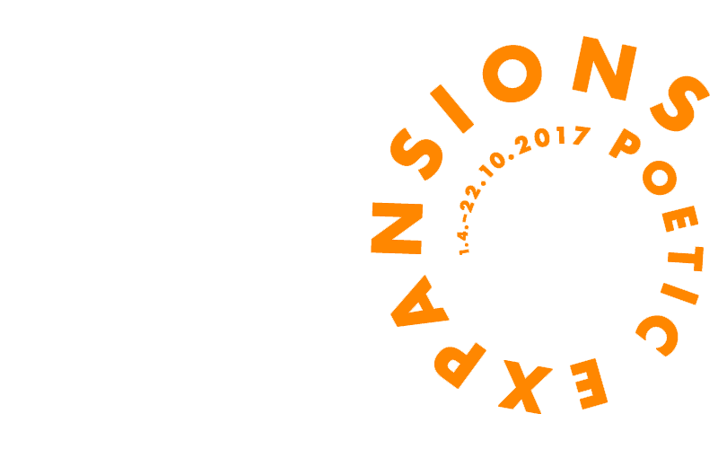 Orangerer Schriftzug »Poetic Expansions« auf weißem Grund