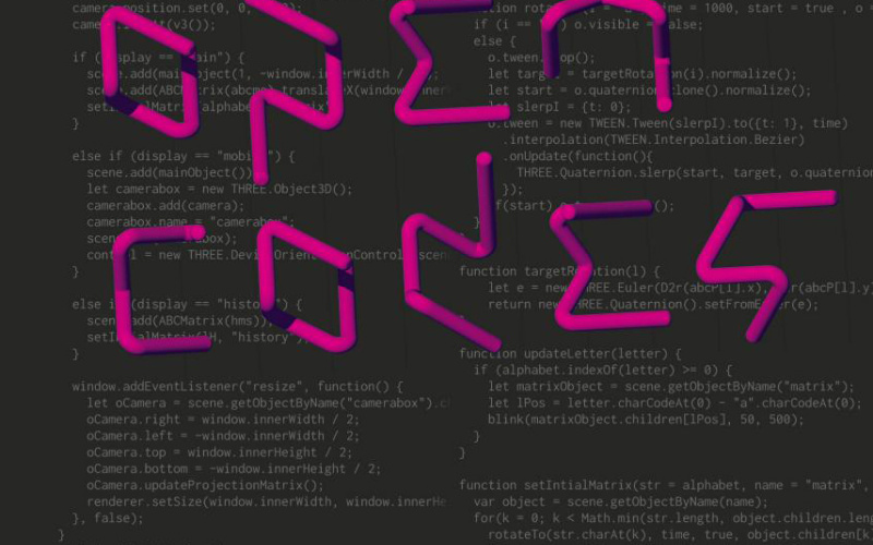 Schwarze Titelseite mit pink und weißer Schrift. Weiße Codes im Hintergrund.