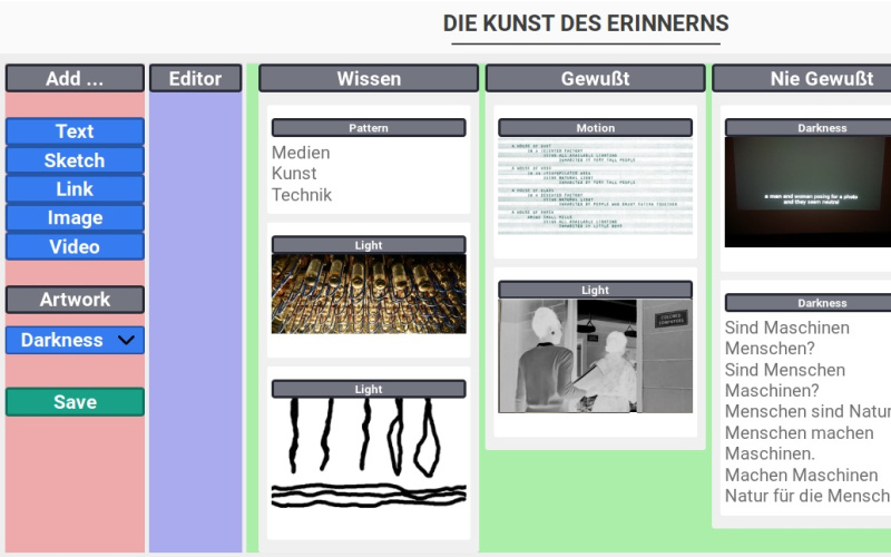 Eine bunte Tabelle mit verschiedenen Unterpunkten zum Thema »Kunst des Erinnerns«