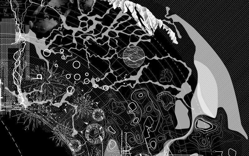 Abstrahierte Karte in schwarz-weiß zur Ausstellung »Critical Zones« von Bruno Latour