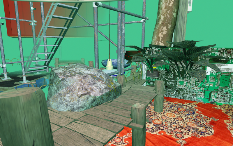 Imaginäre 3-D-Landschaft mit Baustellengerüst, Perserteppich, Pflanzen und einem Holzsteg