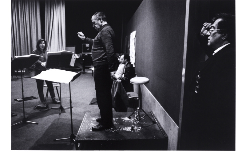 Luciano Berio listening to his piece conducted by Pierre Boulez during rehearsal in Paris