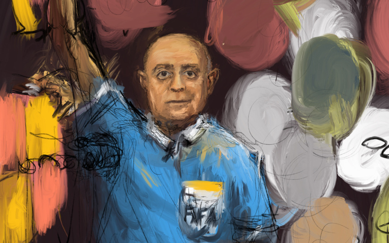Gemälde eines glatzköpfigen Manns mit blauen T-Shirt vor einem schwarzen Hintergrund.