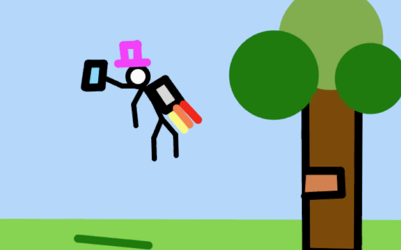 Strichmännchen mit einem Zylinder und Jetpack, das in die Lüfte abhebt.