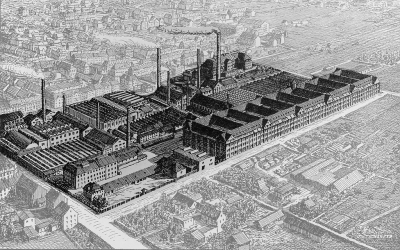  Skizze aus Luftaufnahme des Hallenbaus der Berlin-Karlsruher-Industrie-Werke Aktiengesellschaft, vormals Deutsche Waffen- und Munitionsfabriken AG 