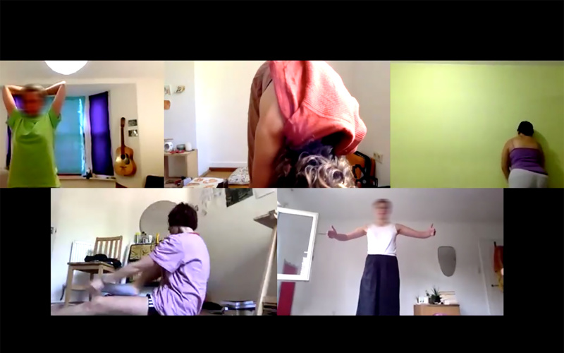 Ein Bildschirm mit mehreren Videochat Fenstern. Auf diesen sind jeweils eine Person in Bewegung zu sehen.
