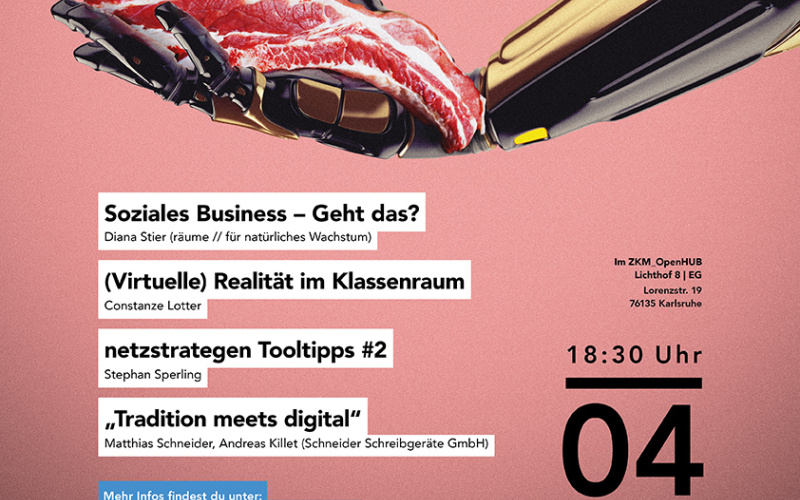 Das Plakat mit dem Titel »Open Codelett« zeigt einen Roboterarm, der ein Codelett in der Hand hält. 