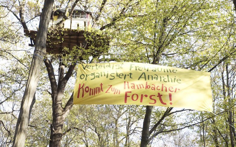 Zu sehen ist ein Baumhaus. Unterhalb des Baumhauses ist ein Banner zwischen den Bäumen gespannt auf dem zu lesen ist: »Verteidigt Freiräume. Organisiert Anarchie. Kommt zum Hambacher Forst!«