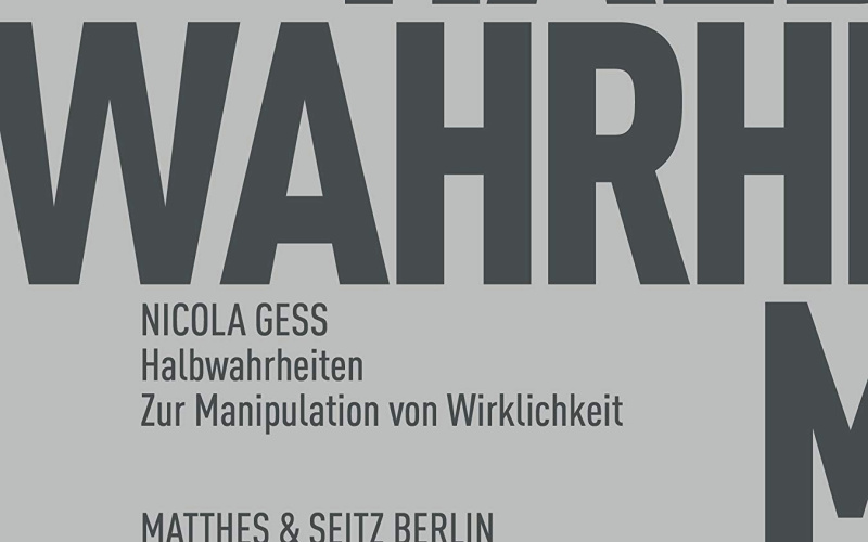 Auf dem Buchcover sind Großbuchstaben und die Worte »Nicola Guess: Halbwahrheiten: Zur Manipulation von Wirklichkeit« zu lesen