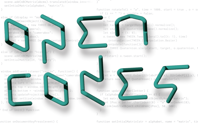 Zu sehen ist das Logo von »Open Codes« in türkiser Farbe auf weißem Hintergrund mit hellgrauem Code darauf