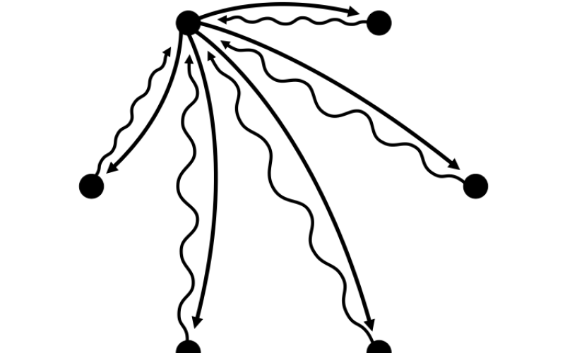 You can see a graphic consisting of dots and curved and wavy strokes, which form triangles arranged in a circular pattern