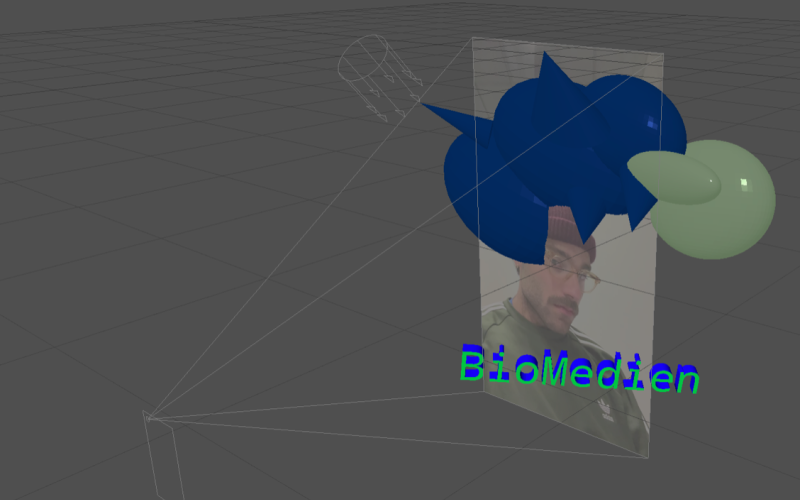 graue Fläche mit 3D-Objekten im Raum und einem Portrait von einem Mann worüber das Wort BioMedien steht