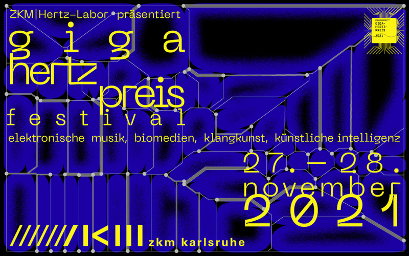 Zu sehen ist ein blau-schwarzes Plakat des Giga-Hertz-Preises mit grauen Linien und gelber Schrift darauf. 