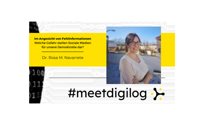 Links: Text: Im Angesicht von Fehlinformationen. Kann Social Media unsere Demokratie destabilisieren? Rechts: Porträt von Dr. Rosa Navarrete 