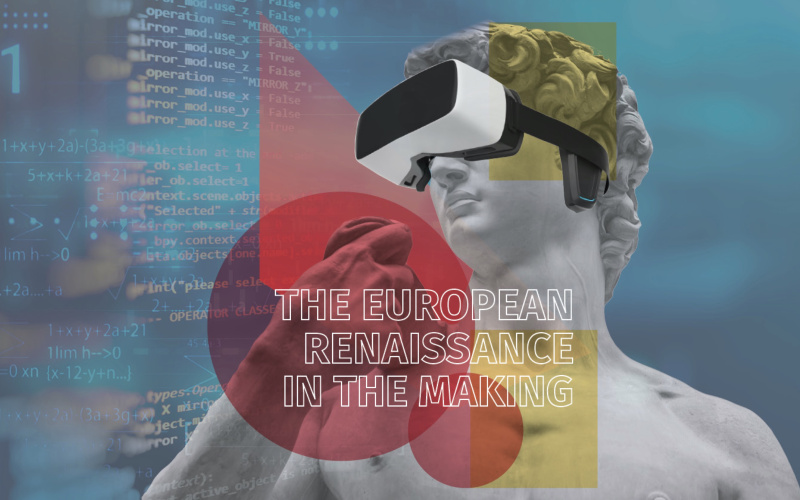 The picture shows a statue of David with VR glasses.
