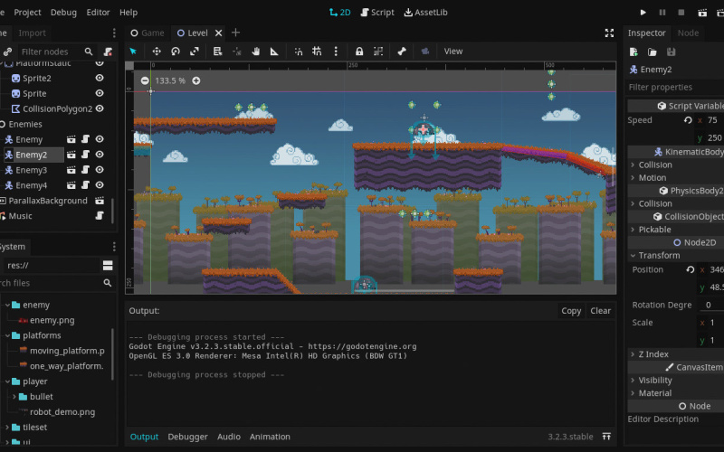 2D Arbeitsraum UI von Godot Game Engine. Das gezeigte Projekt ist die von den Godot-Entwicklern bereitgestellte Demo.