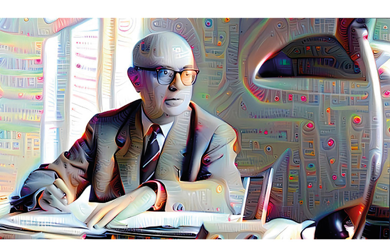 Ein schwarz-weißes Porträt von Theodor Adorno am Schreibtisch, verfremdet durch ein KI-Programm.