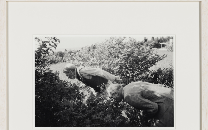 Brion Gysin and William Burroughs smelling flowers, a little outside of Albert Hofmann’s premises where they visited in June 1979. Part of Albert’s house can be seen in the upper left corner
