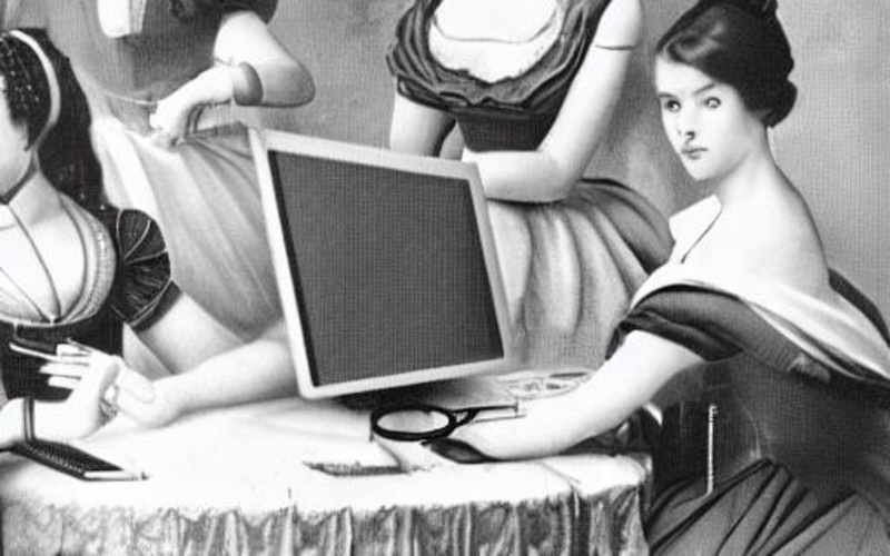 Vier Frauen an einem Computer, schwarz weiß Bild im Stil der Romantik